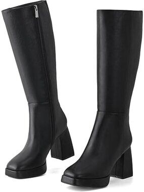 Gracestride 7.5 Retro Knee High Platform Boots Black Square Toe Chunky Heel Gogo